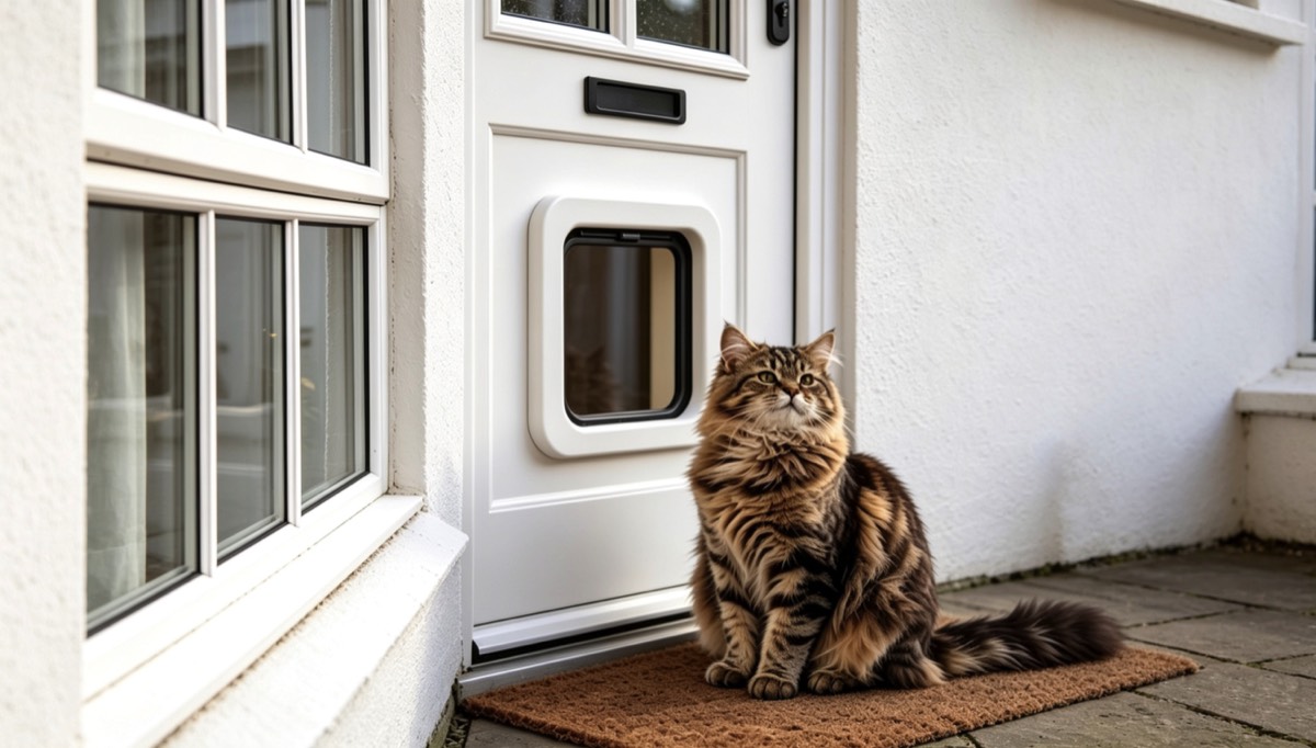 Fluffy cat sitting in front of a cat flap